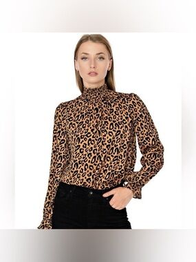 Tucker NYC Stella Top | Kitty Cat Dreamer Print Long-Sleeve Blouse - Tan/Black